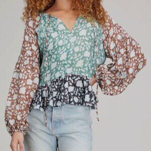 Hannah Artwear Mirabella Floral Print Silk Split Tie Neck Peasant Blouse 2 US M